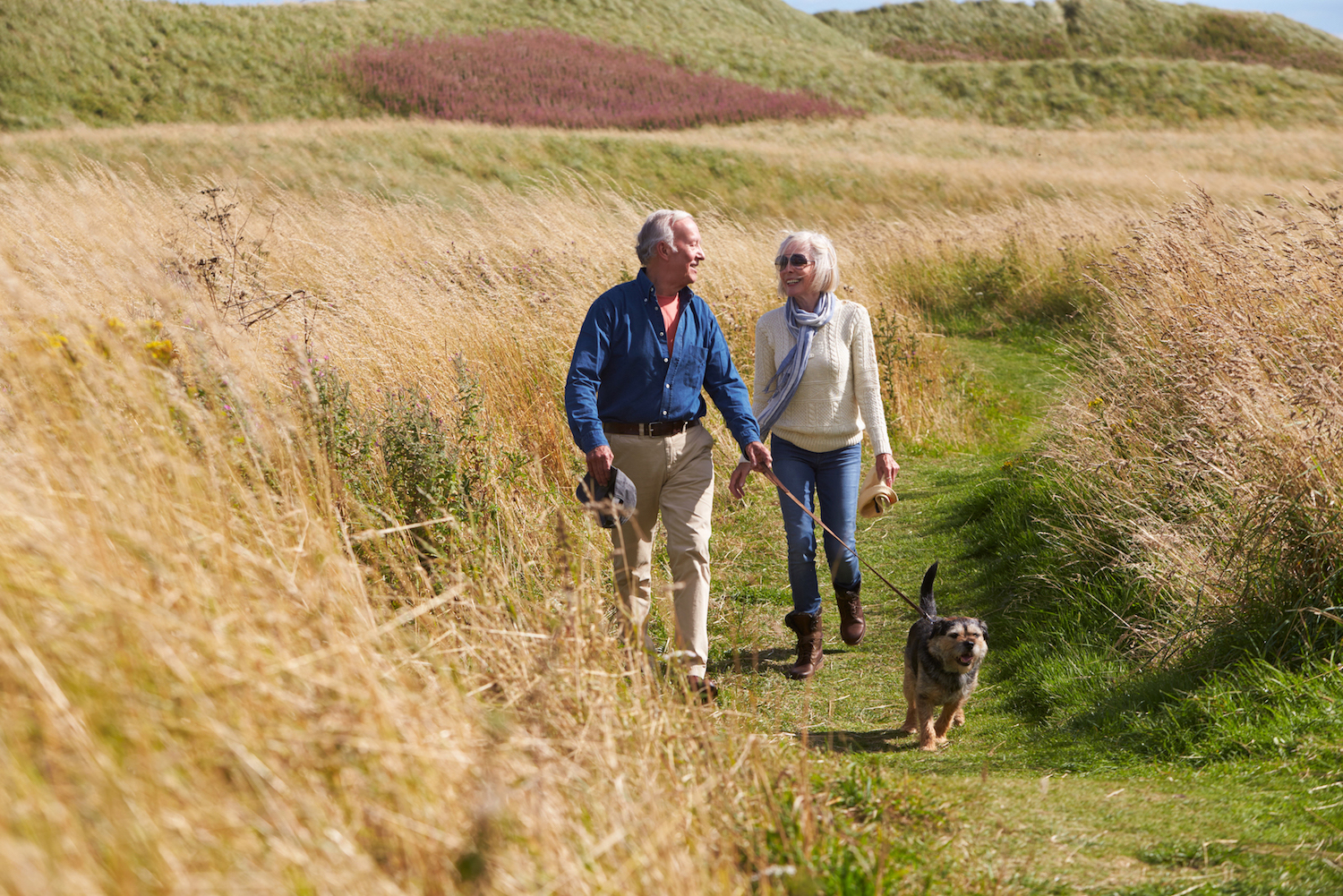 Retired couple walking dog