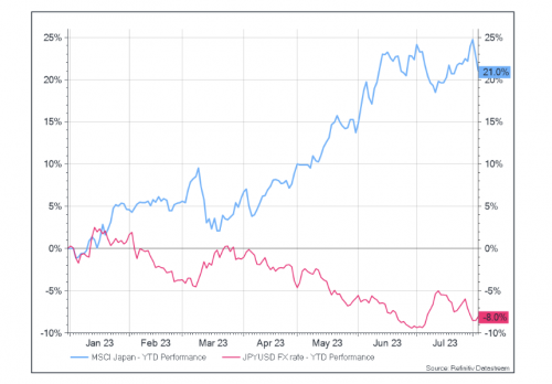 performance dall'inizio dell'anno di MSCI Japan (in JPY) e JPYSUD